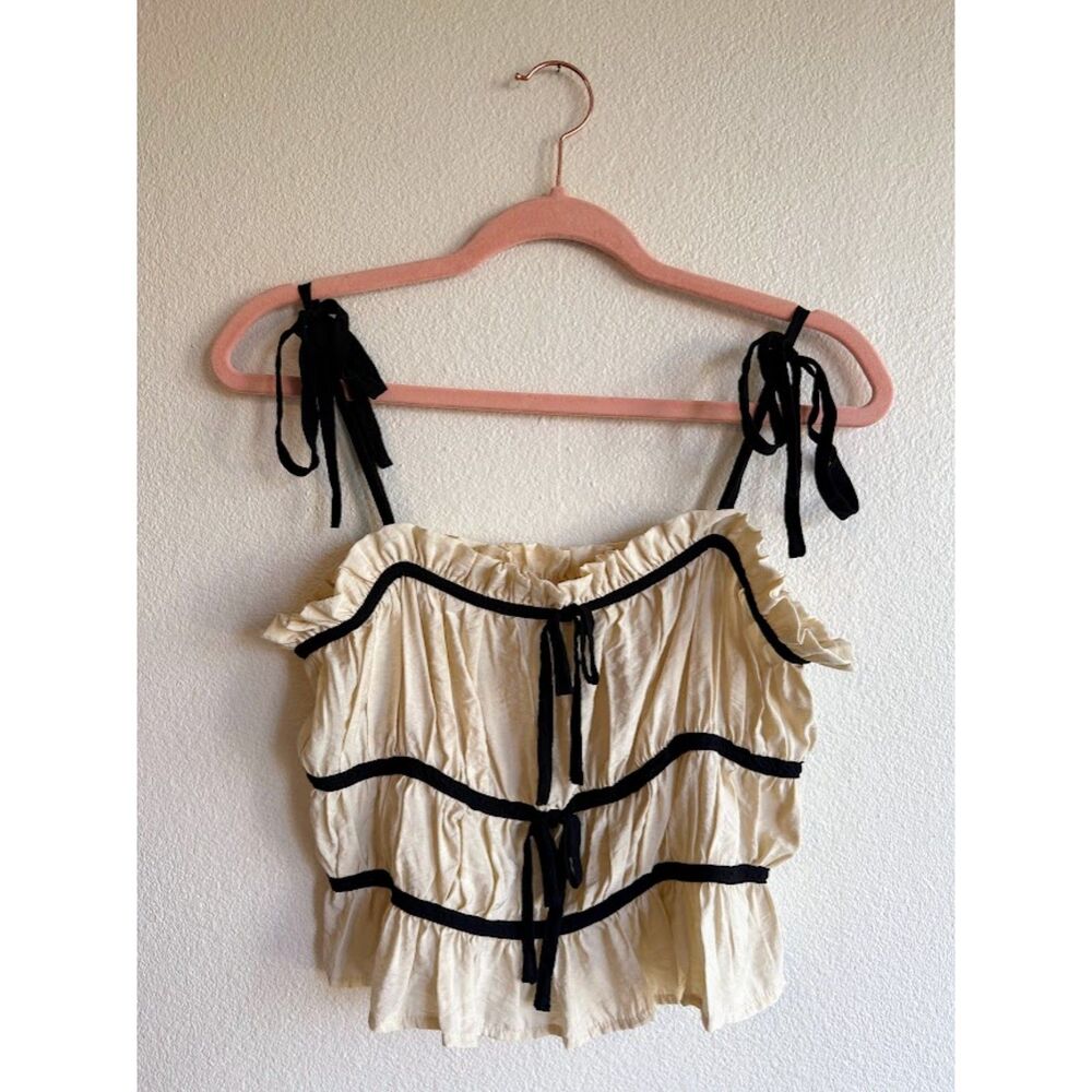 Ruffle Milkmaid Crop Top in Cream with Black Contrast Bow Trim & Shoulder Ties S